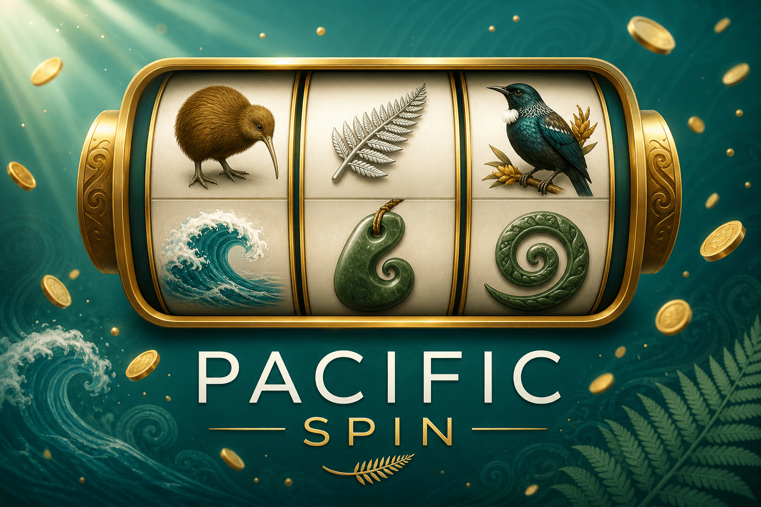 Pacific Spin — three reels featuring New Zealand nature symbols